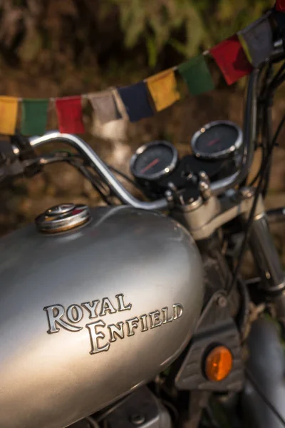 メガラヤ州 インド 2017 伝説的なロイヤル エンフィールド サンダーバード バイク バイクのロゴ入りの燃料タンクでクローズ アップ ビュー — ストック写真