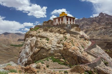 Beautiful Ladakh landscape with a Buddhist monastery and green valley in Mulbek, Jammu and Kashmir state, India clipart