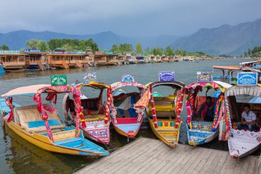 Srinagar, Hindistan - 14 Haziran 2017: Renkli shikara tekneler Dal Gölü, Jammu ve Keşmir, Hindistan. Yerel halkın Dal Gölü iskele ve tekne ev arasında ulaşım için Shikara kullanın.