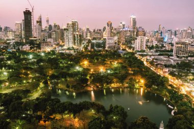 Alacakaranlıkta Lumpini parkı ve şehir gökdelenleri olan Bangkok şehri silüeti