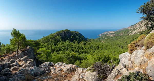 Hermoso paisaje marino turco con bosque de pinos verdes en la costa y montañas rocosas . — Foto de Stock