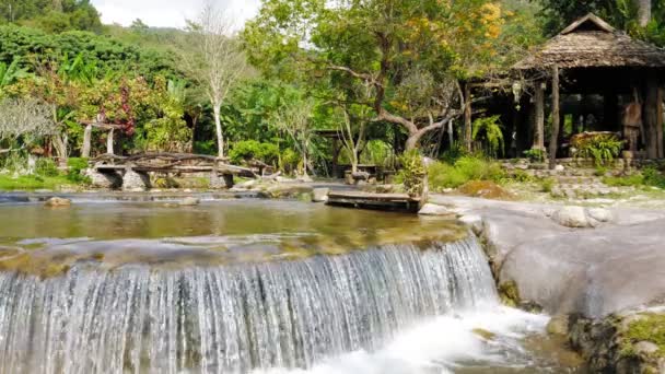 Hermoso jardín tropical con cascada de cascada — Vídeos de Stock