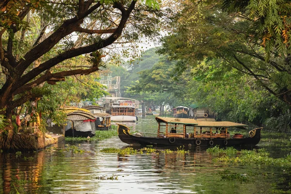 Beautiful Kerala backwaters landscape with traditional houseboats at sunset — ストック写真