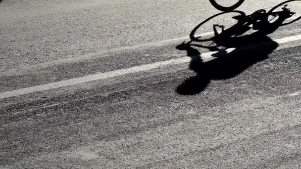 Shadows of cyclists riding on bike during professional race in slow motion — 图库视频影像
