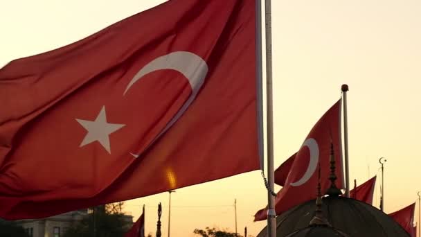Turkish flags in a row waving on wind. — Stockvideo