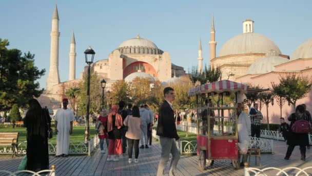 Wisatawan tak dikenal berjalan di depan Hagia Sophia yang terkenal di Istanbul, Turki — Stok Video