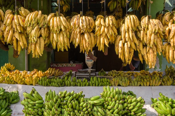 Különböző banánfajták az indiai Keralában található banánboltban — Stock Fotó
