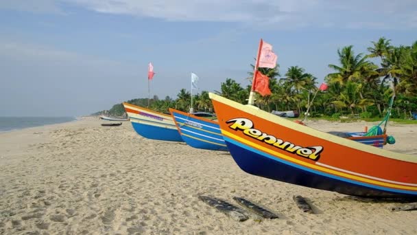 Barche da pesca tradizionali sulla famosa spiaggia di Marari in Kerala, India — Video Stock