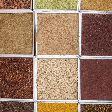 Hindistan 'da piyasada çeşitli Hint renkli toz baharatları var.