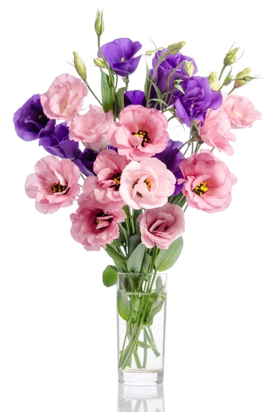 Mazzo di fiori di eustoma viola e rosa in vaso di vetro isolato — Foto Stock