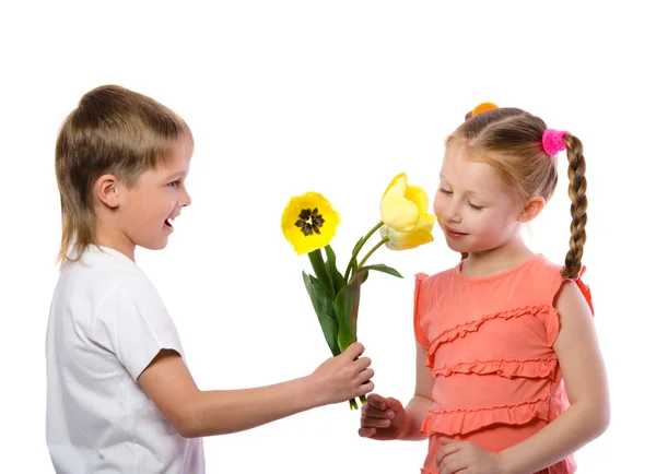 Un niño da a una chica tulipanes amarillos sobre fondo blanco — Foto de Stock