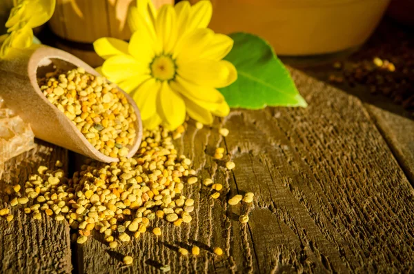 Gránulos de polen de abeja en cucharada de madera, panales y flores en w —  Fotos de Stock