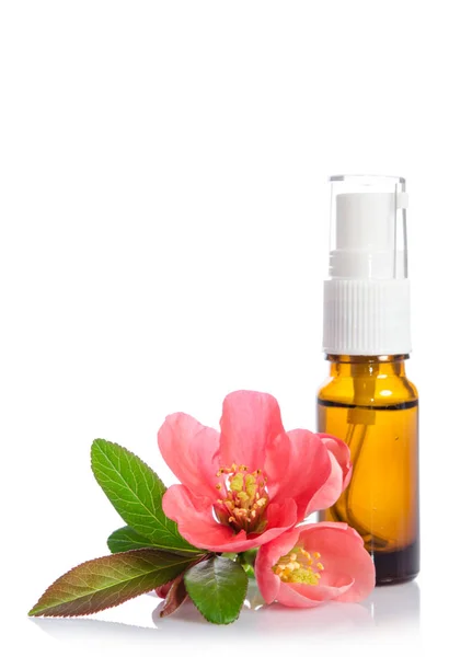 Botella crema facial con flores aisladas en blanco — Foto de Stock