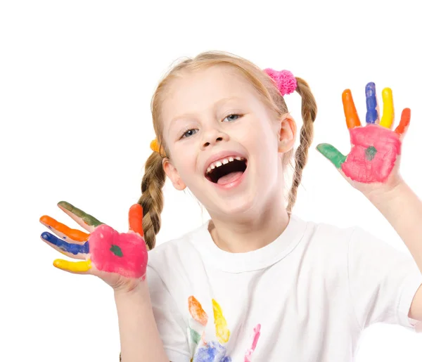 Beautiful little girl with her hands in the paint — Stock Photo, Image