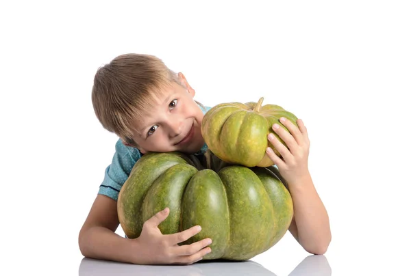 Niedlicher Junge mit verschiedenen Kürbissen zu Halloween — Stockfoto