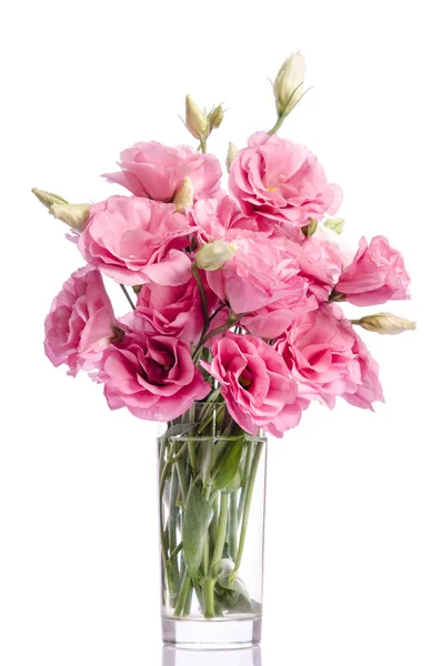 Cacho de flores de eustoma rosa em vaso de vidro isolado em branco — Fotografia de Stock