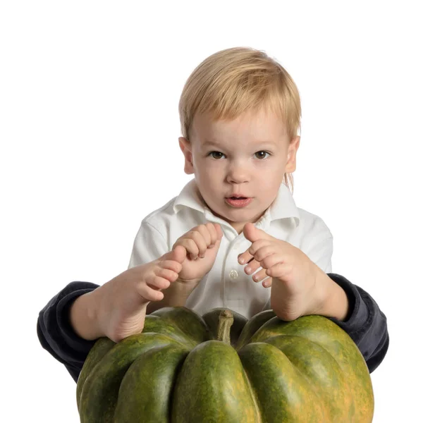 Cute boy sitting with pumpkin isolated on white background — Stock Photo, Image