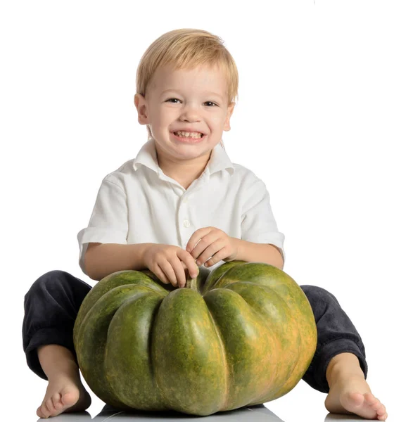 Cute boy sitting with pumpkin isolated on white background — Stock Photo, Image