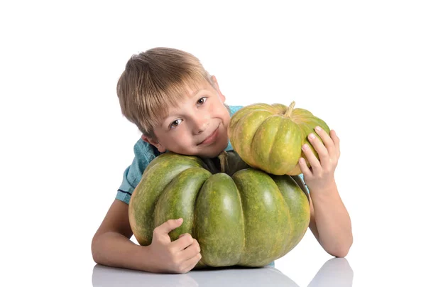Cute boy sitting with different pumpkins — Stock Photo, Image