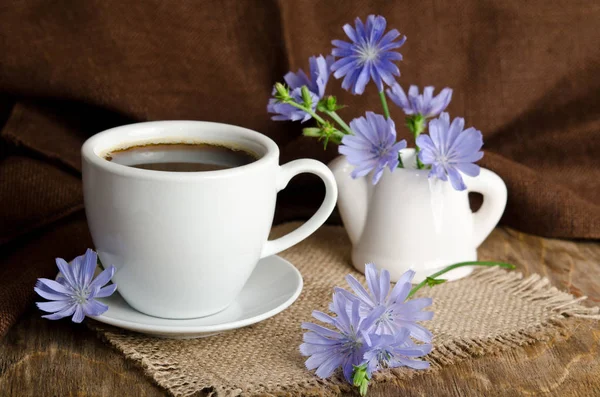 Tasse de thé avec chicorée sur fond en bois — Photo