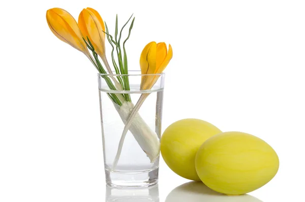 Букет из крокус цветов в вазе и пасхальных яиц — стоковое фото