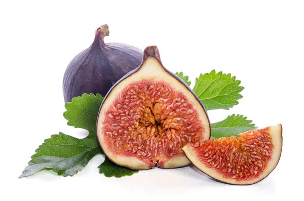 Ripe figs with leaves over white — Stock Photo, Image