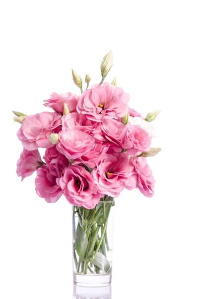 Sekelompok bunga eustoma putih dan merah muda dalam vas kaca terisolasi o — Stok Foto