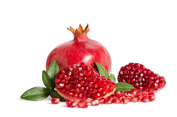 Whole and part of Pomegranate with leaves isolated on white — Stock Photo, Image