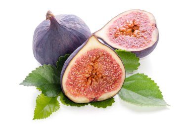 İncir ağacı (bütün ve bölümü) yapraklarla WHI üzerinde izole meyve