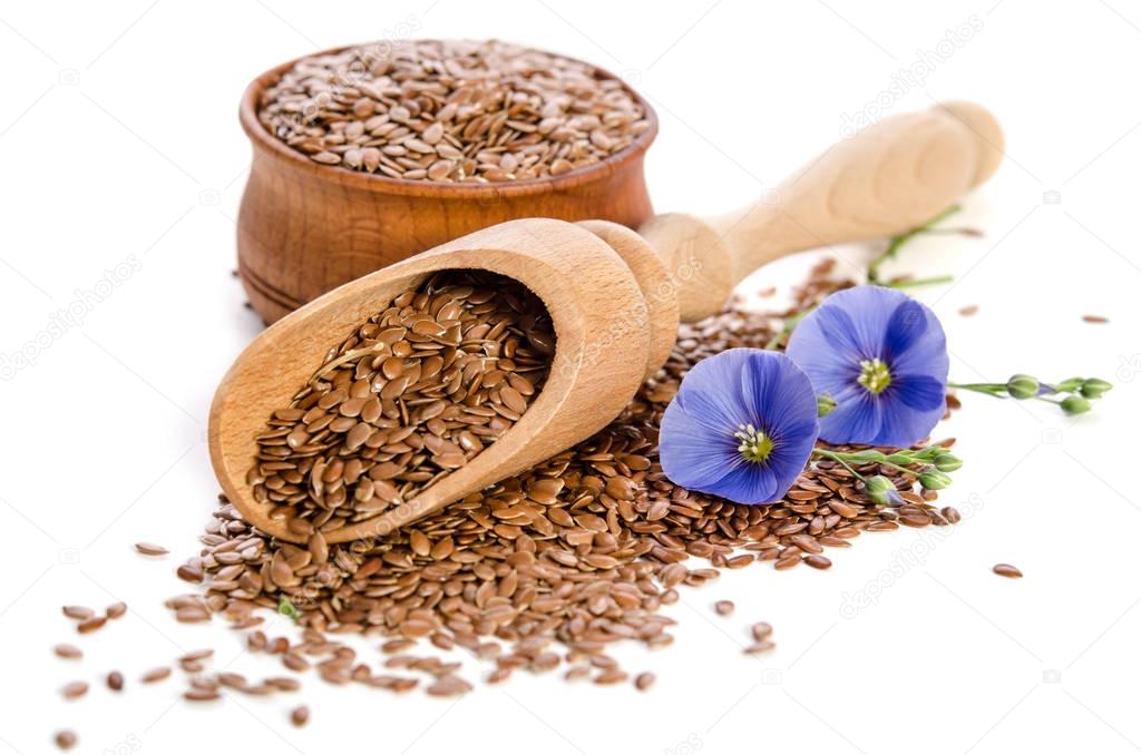 Flax seeds in the wooden scoop and bowl, beauty flowers 