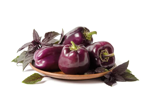 Čerstvá zelenina. Tmavě fialové papričky v deska s listy bazalky — Stock fotografie