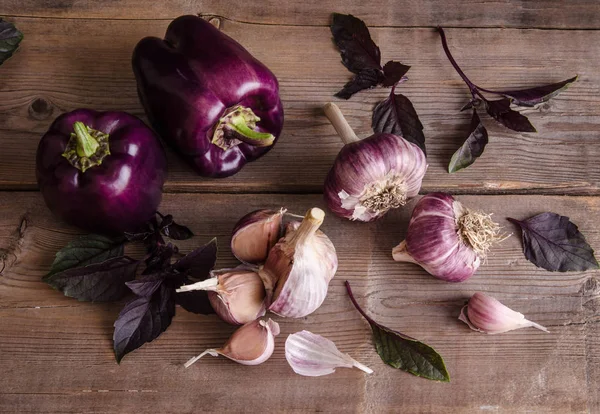 Dark purple peppers with leaves of basil and garlic — Stock Photo, Image
