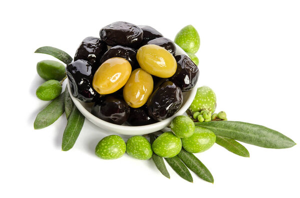 Black and green  olives  mixed in the  porcelain bowl