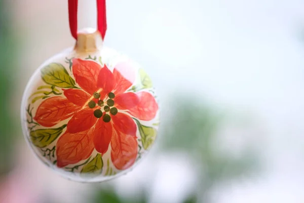 Christmas Decor Ceramic Ball Flower Decoration Ornament Hanging Red Ribbon — Stock Photo, Image