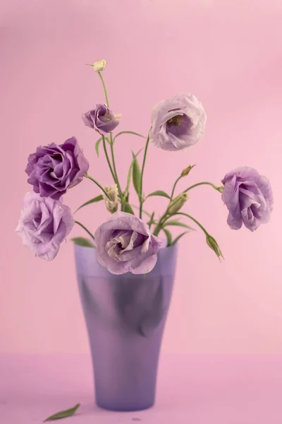Bunch of violete eustoma flowers in glass vase — ストック写真