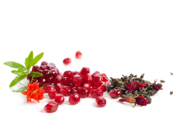 Parts Pomegranate Pomegranate Seeds Leaves Flowers Dry Green Tea Carcade — Stock Photo, Image