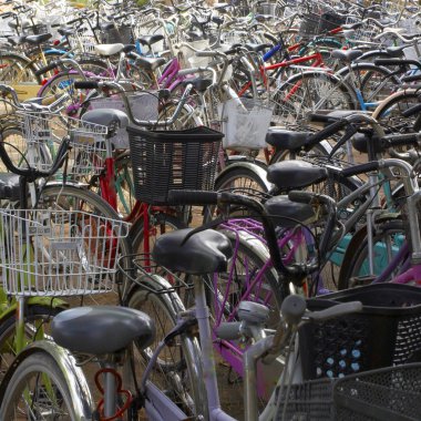 Bisikletler caddeye park ediyor.