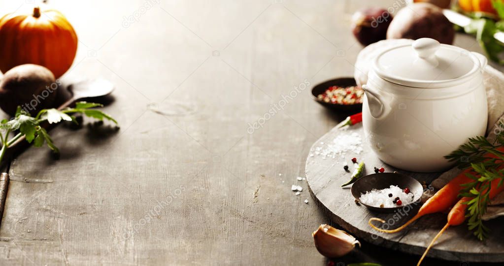 Cooking pot and vegetables for making vegetable soup