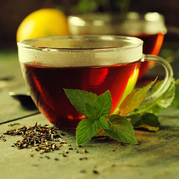 Tasse à thé chaude avec menthe et sucre — Photo