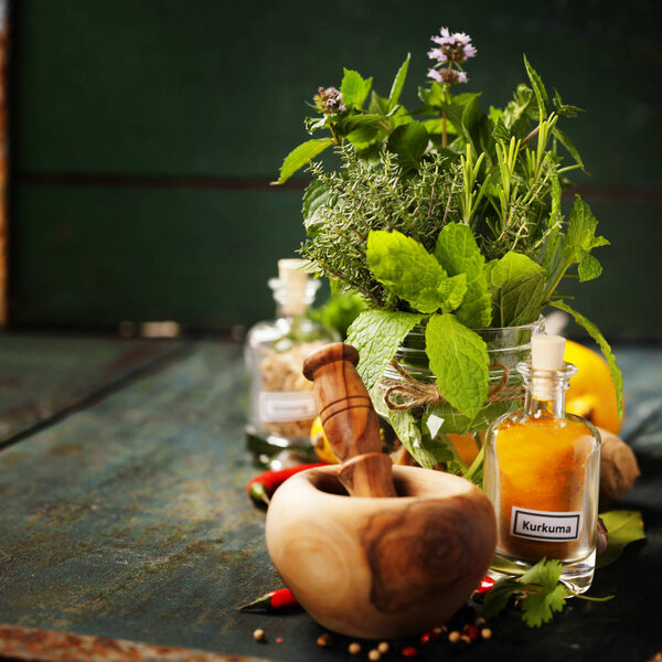 Herbs and spices with Mortar and Pestle 