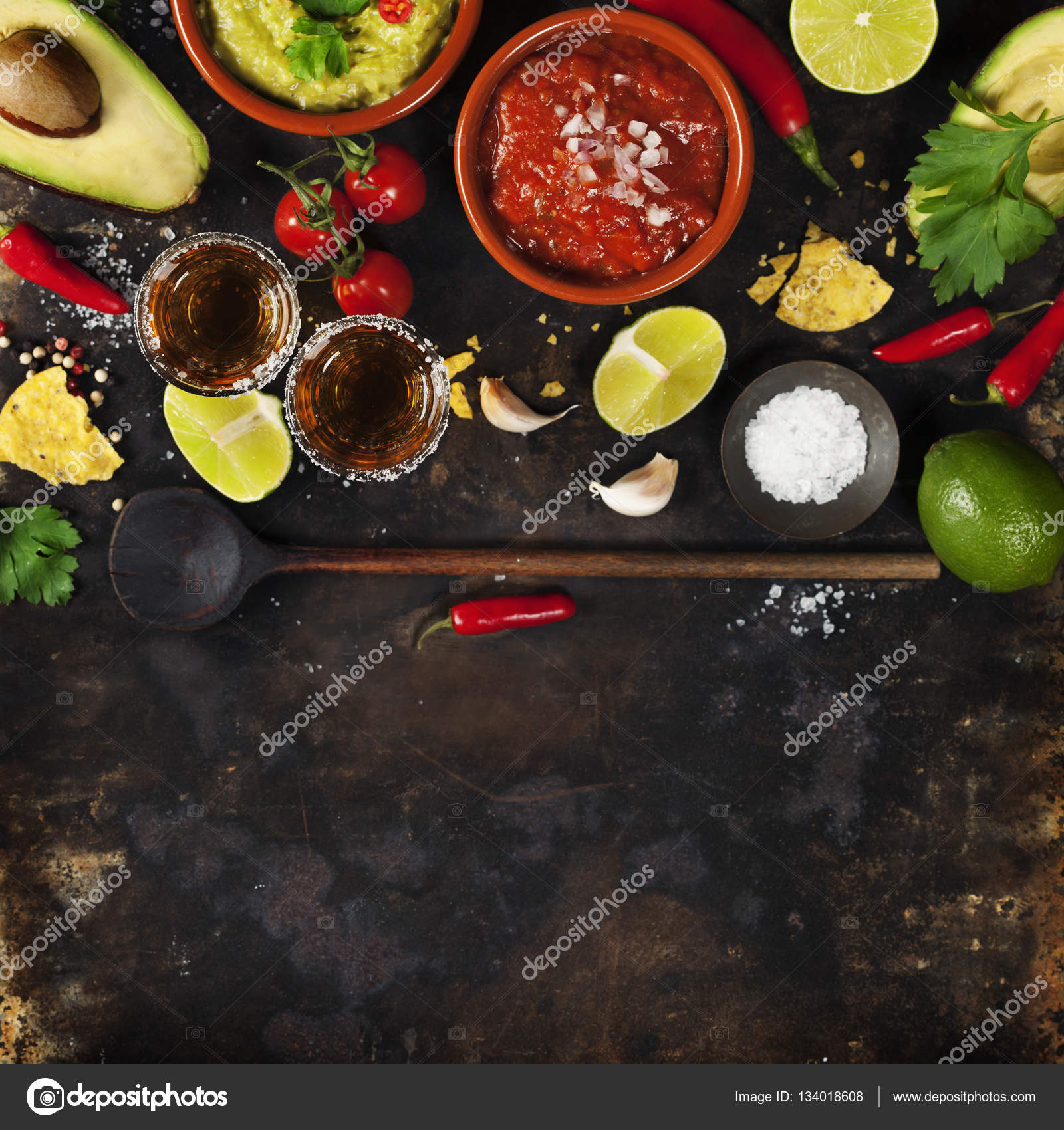 Mexican food and tequila shots Stock Photo by ©klenova 134018608