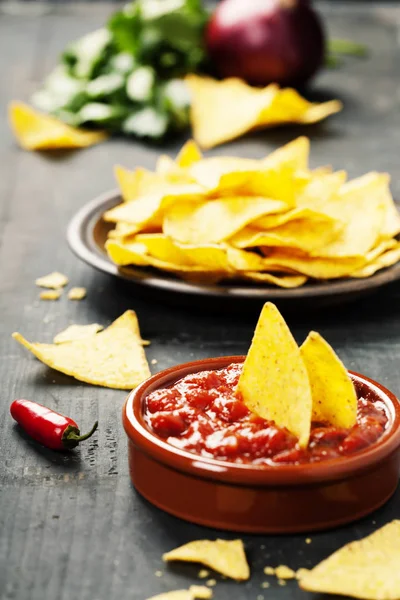 Nachos med grönsaker och dip — Stockfoto