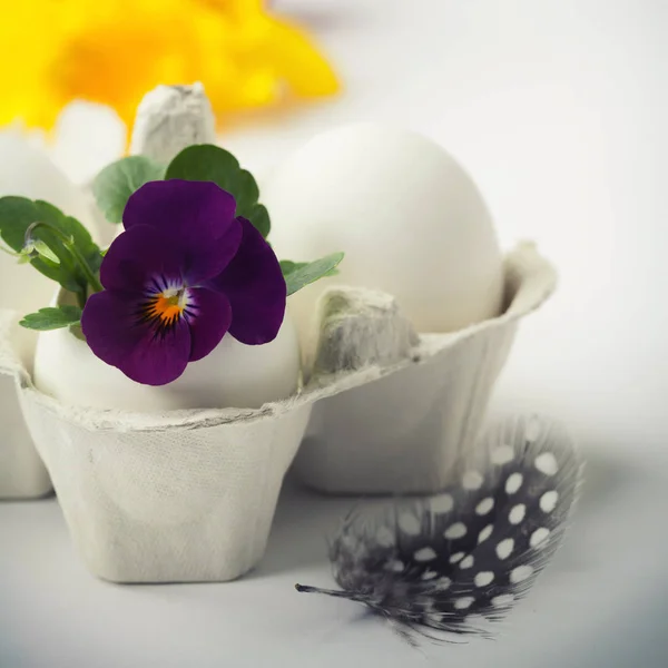 Ovo de Páscoa em ninho de pássaros com flores de primavera — Fotografia de Stock