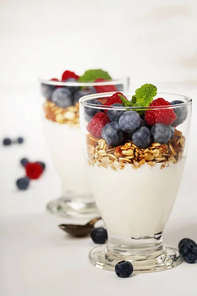 Freshly prepared yogurt parfait with fresh fruit and mint — Stock Photo, Image