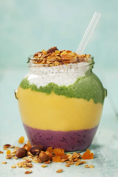 Gemengd vers fruit smoothie in glazen pot met stro — Stockfoto
