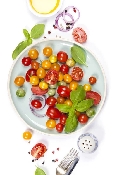 Rajčatový salát s čerstvou bazalkou a olivovým olejem — Stock fotografie
