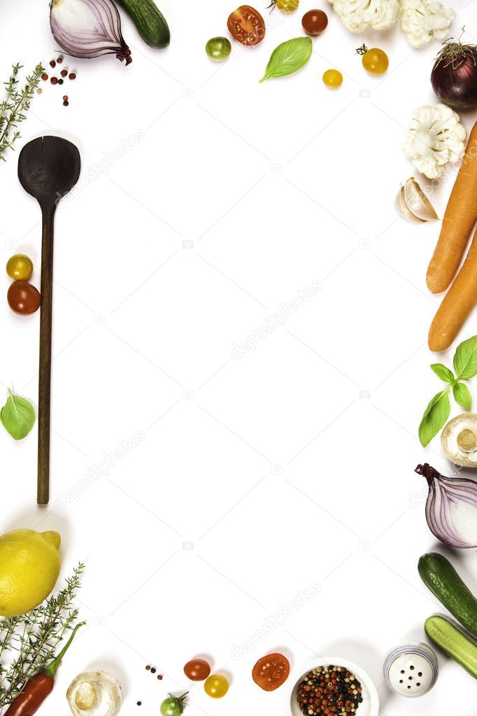 Colorful food ingredients on white background