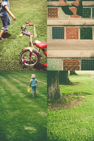 Girl and old tricycle - collage — Stock Photo, Image