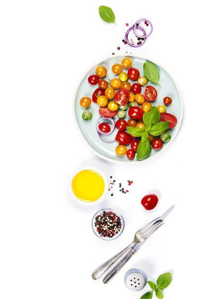 Taze domates, fesleğen ve zeytin yağı domates salatası — Stok fotoğraf