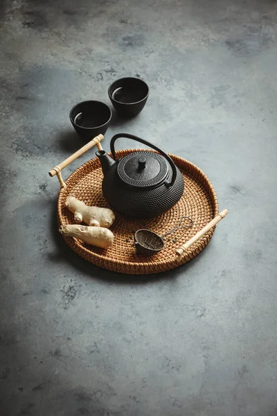 Arreglo tradicional de ceremonia del té asiático, vista superior —  Fotos de Stock